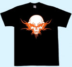 schwarzes Shirt mit weißenTotenkopf und orangen Tribal